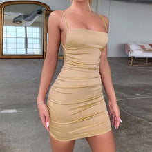 Load image into Gallery viewer, La RoSa Satin Spaghetti Strap Party Dress Women Sexy Backless Bodycon Summer Dress Fashion Pleated Bandage Mini Dresses