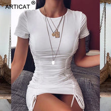 Load image into Gallery viewer, La RoSa White Ruched Pleated Bodycon Dress Women Short Sleeve Mini Party Dress Solid Basic Skinny Casual Dress Short