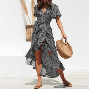 La RoSa 2020Summer Maxi Dress Women Floral Print Boho Long Chiffon Dress Ruffles Wrap Casual V-Neck Split Sexy Party Dress Robe Femme