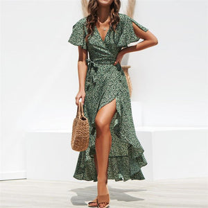 La RoSa 2020Summer Maxi Dress Women Floral Print Boho Long Chiffon Dress Ruffles Wrap Casual V-Neck Split Sexy Party Dress Robe Femme