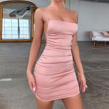 Load image into Gallery viewer, La RoSa Satin Spaghetti Strap Party Dress Women Sexy Backless Bodycon Summer Dress Fashion Pleated Bandage Mini Dresses
