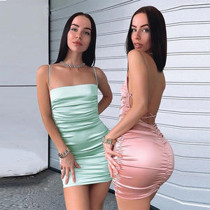 La RoSa Satin Spaghetti Strap Party Dress Women Sexy Backless Bodycon Summer Dress Fashion Pleated Bandage Mini Dresses