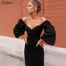 Load image into Gallery viewer, La RoSa sexy pure V Neck off shoulder bodycon dress women autumn winter club party night red Elegant midi dress Mujer black dress 2020
