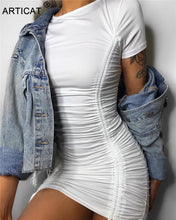 Load image into Gallery viewer, La RoSa White Ruched Pleated Bodycon Dress Women Short Sleeve Mini Party Dress Solid Basic Skinny Casual Dress Short
